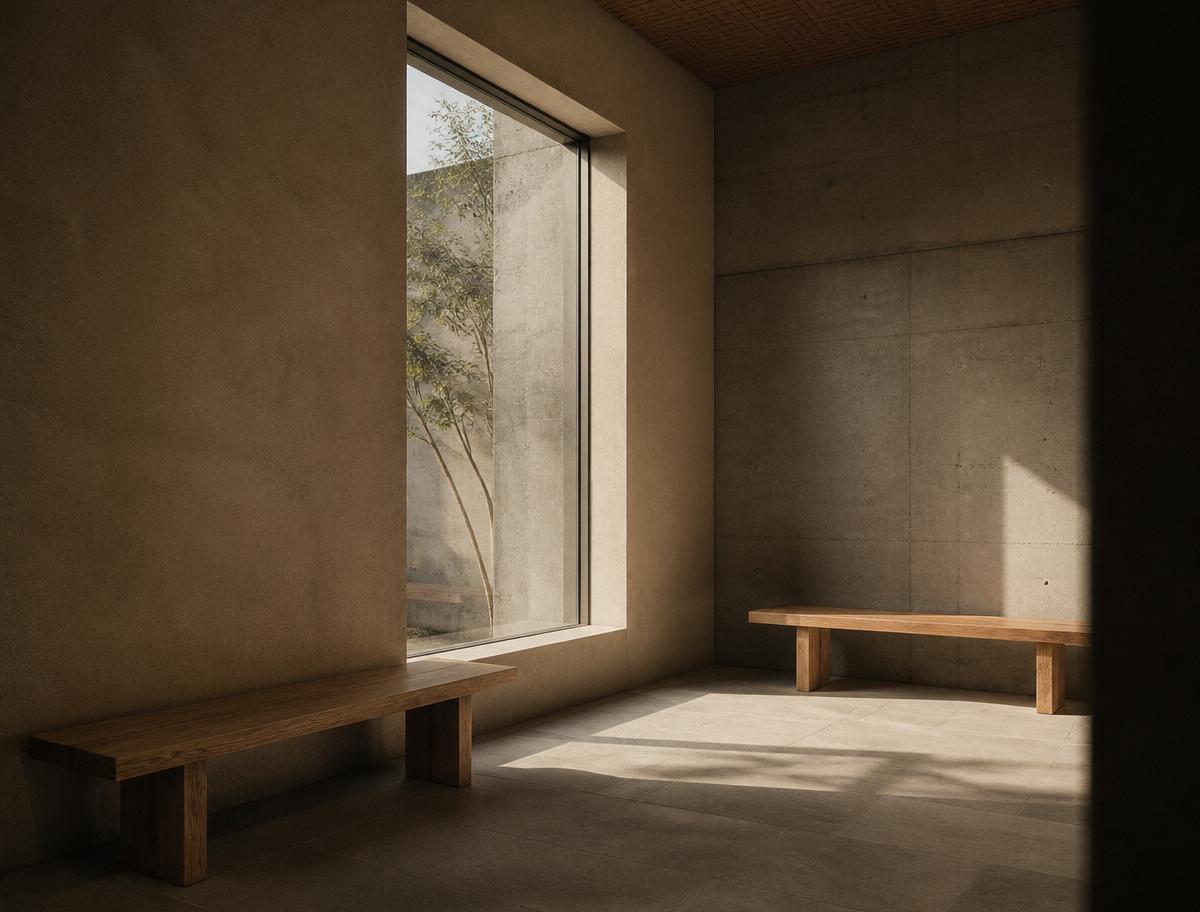 Sunlight crossing a quiet concrete room with two wooden benches